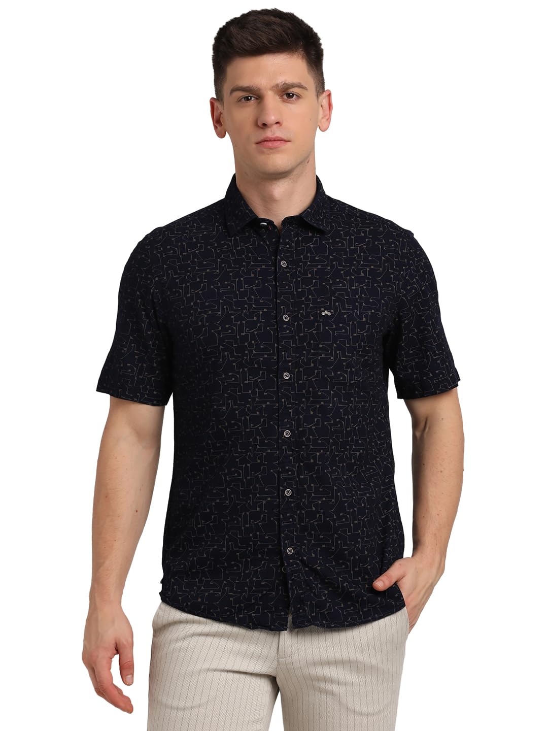 Turtle Men 100% Cotton Indigo Printed Slim Fit Blue Denim Shirt