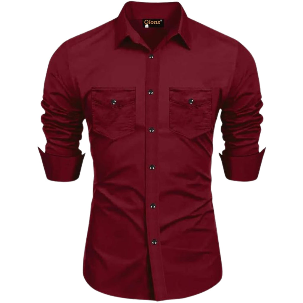 Rebelify MenS Cotton Blend Shirt With Pockets Full Sleeves Collared Neck Solid Pattern Botton Down Closure Relaxed Fit And Stan