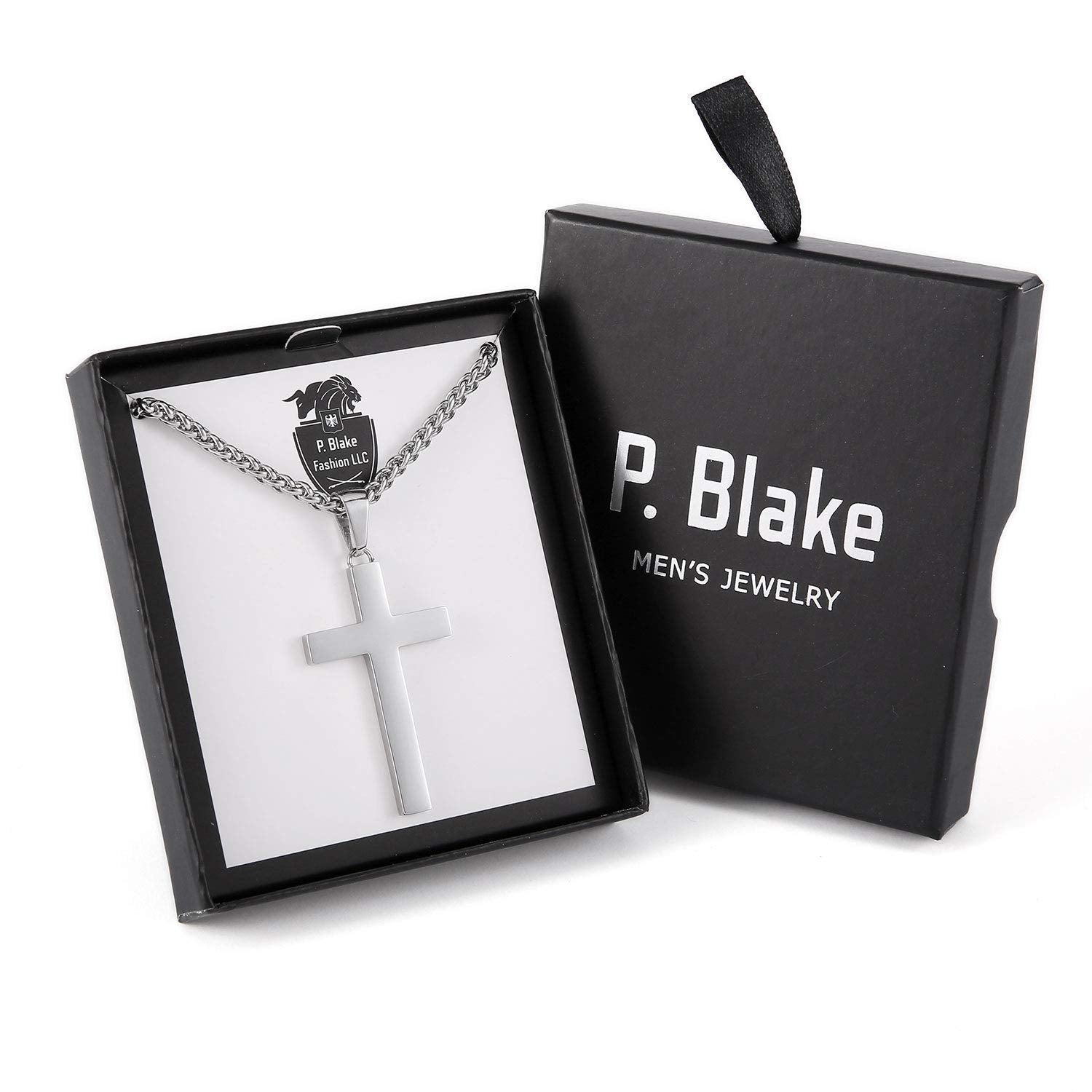 P. BLAKE Silver Cross Necklace for Men, Stainless Steel Cross Pendant Chain Christian Religious Jewelry Valentine Christmas Gift