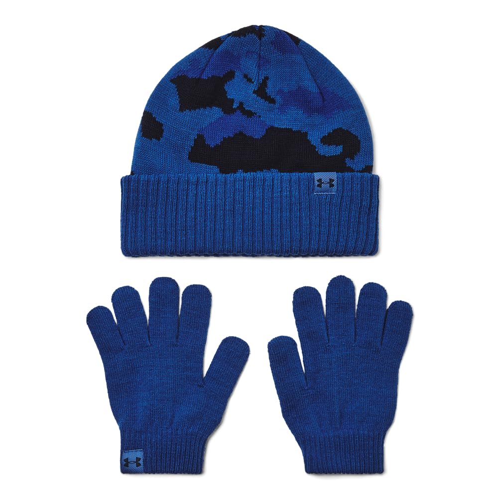 Under Armour Boys' Beanie & Glove Combo, (432) Tech Blue / / Tech Blue, One Size Fits Most