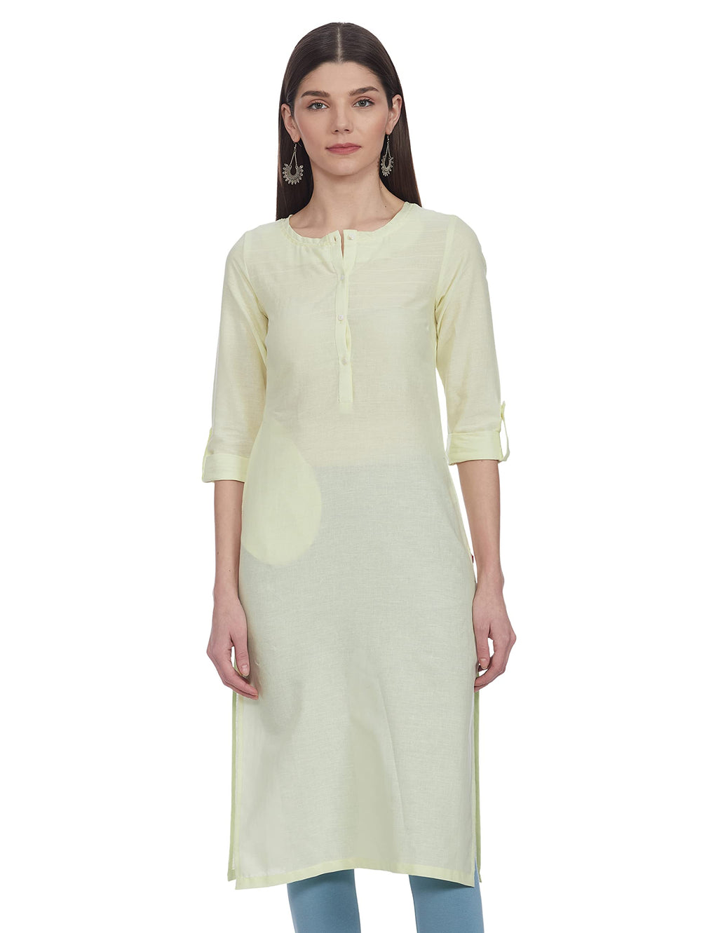 W For Woman Cotton Yellow Solid Round Neck Straight Kurta_21Few13783-213741_Xl