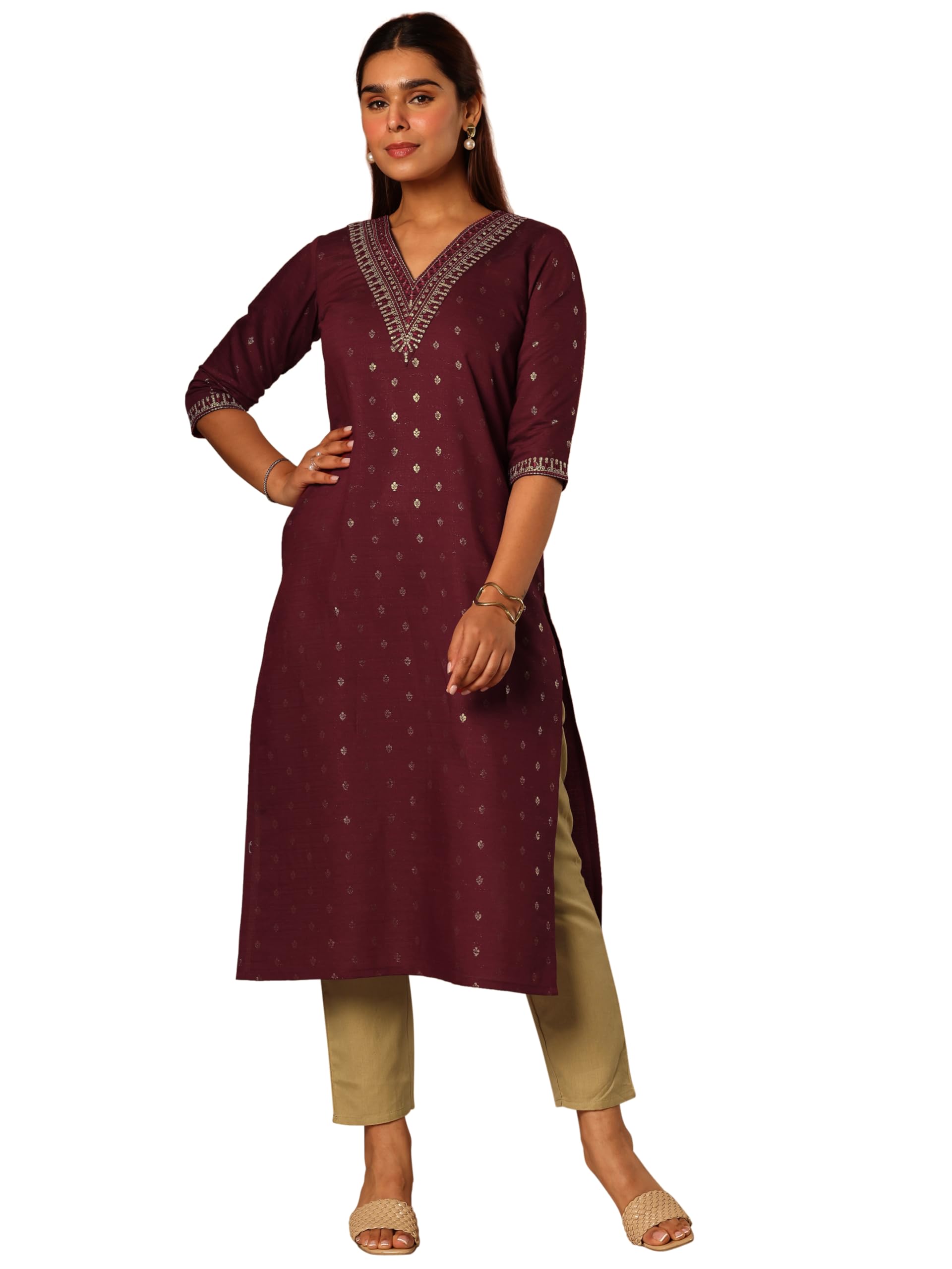 Libas Womens Silk Woven Design Straight Kurtas (29814_Maroon