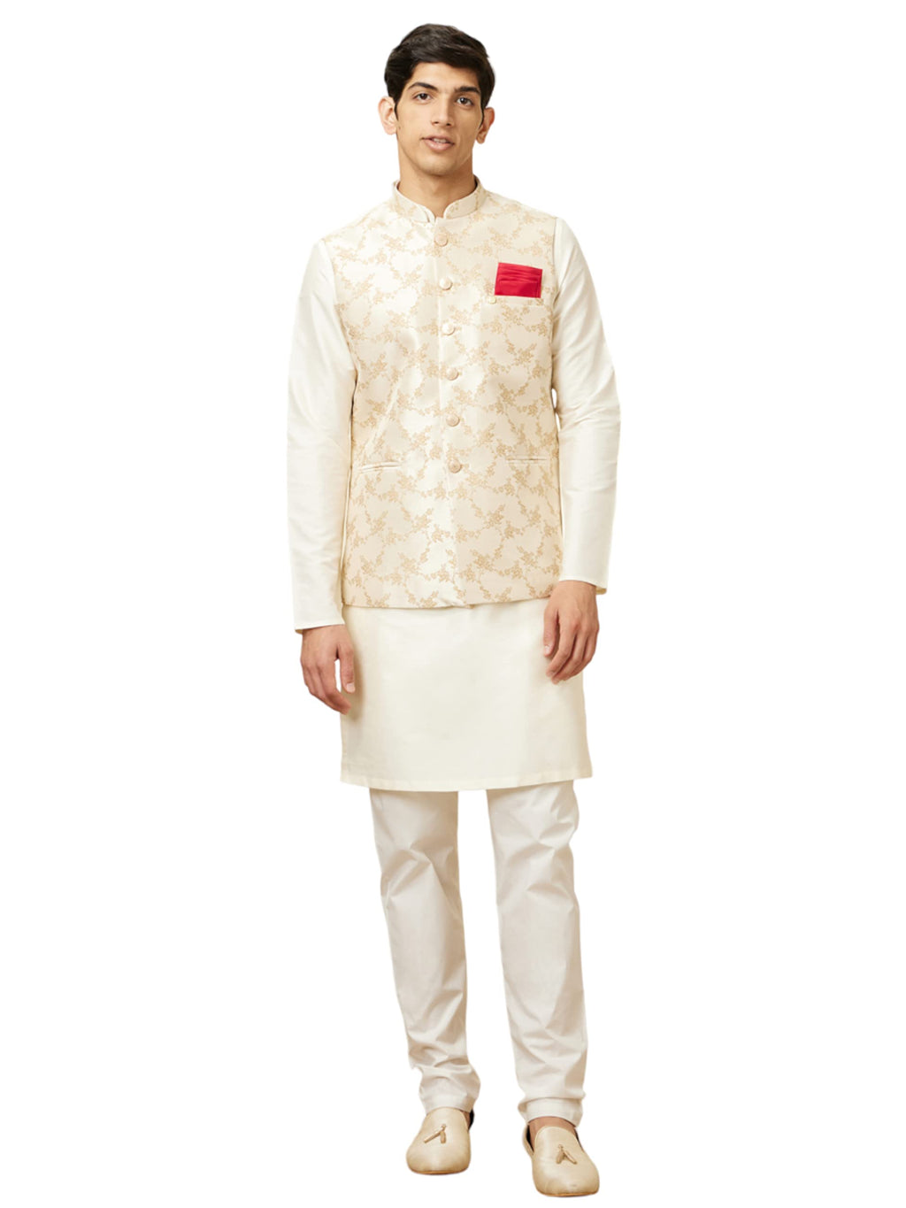 Manyavar MenS Art Silk Self Design Casual, Traditional Sleeveless Jacket (Fawn, Xxl)