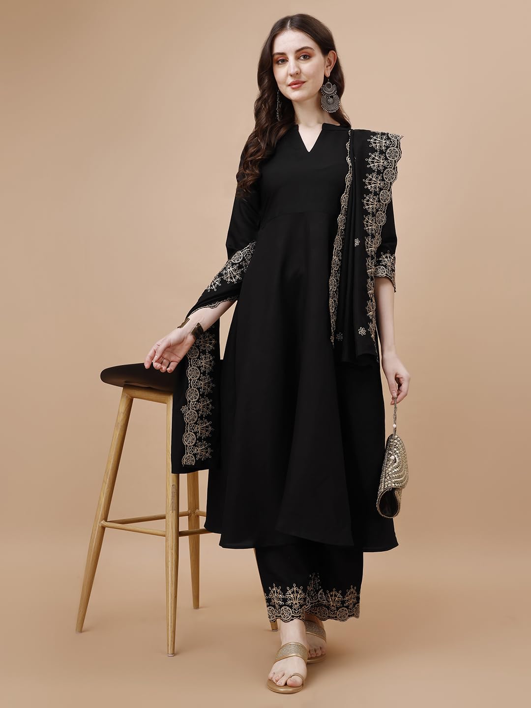Pratham Blue Womens Silk Embroidered Anarkali Kurta with Palazzos and Dupatta