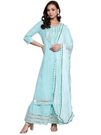 Ishin Women'S Pure Cotton Embroidered Straight Kurta Suit Set With Dupatta & Sharara Kpldsrd-21083_L_Blue