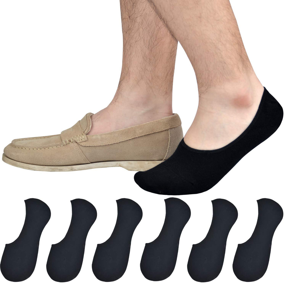 Mens Truly No Show Socks Women Cotton Low Cut Invisible Socks Non Slip, 6 Pairs, Black, 1014 10-14