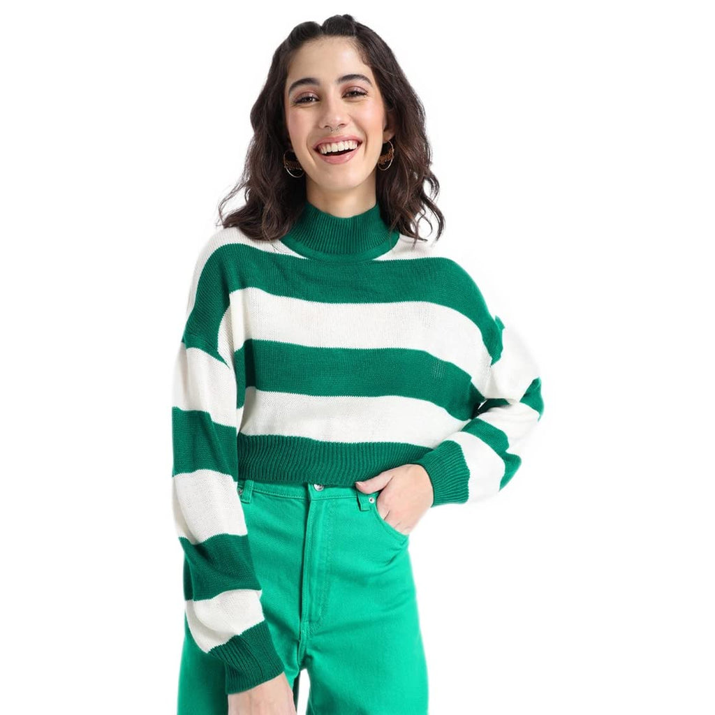 Bewakoof Womens Striped Green High Neck Full Sleeve Sweater