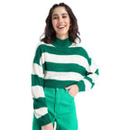 Bewakoof Womens Striped Green High Neck Full Sleeve Sweater