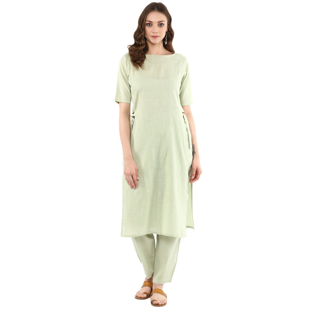 Idalia Sage Green Solid Straight Kurta Set With Pant - Stylish Boat Neck Kurta Design - Cotton Kurtas For Women - Elbow Sleeve, 