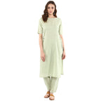 Idalia Sage Green Solid Straight Kurta Set With Pant - Stylish Boat Neck Kurta Design - Cotton Kurtas For Women - Elbow Sleeve, 