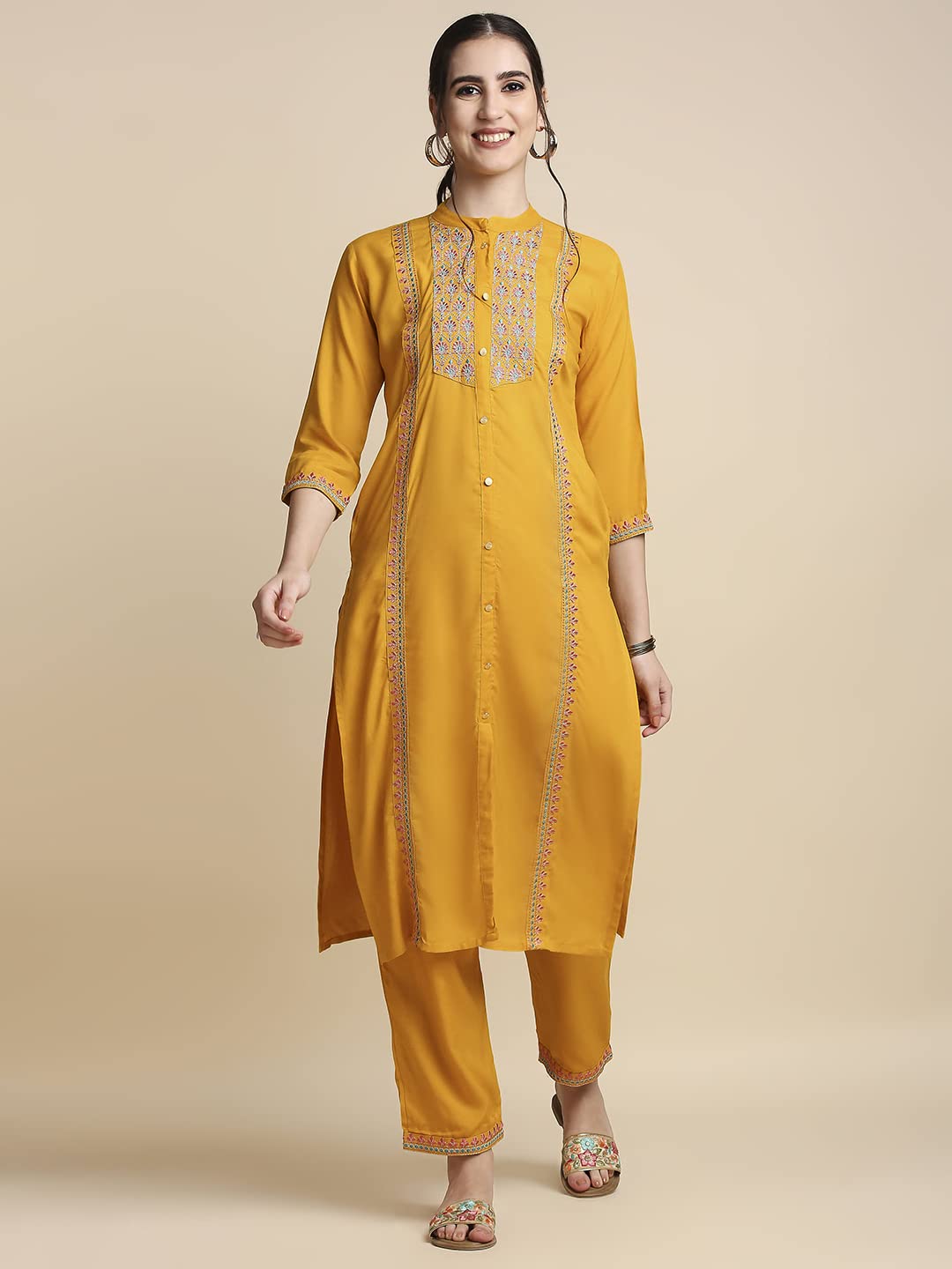 Anubhutee Mustard Floral Embroidered Kurta Pants Suit Set For Women