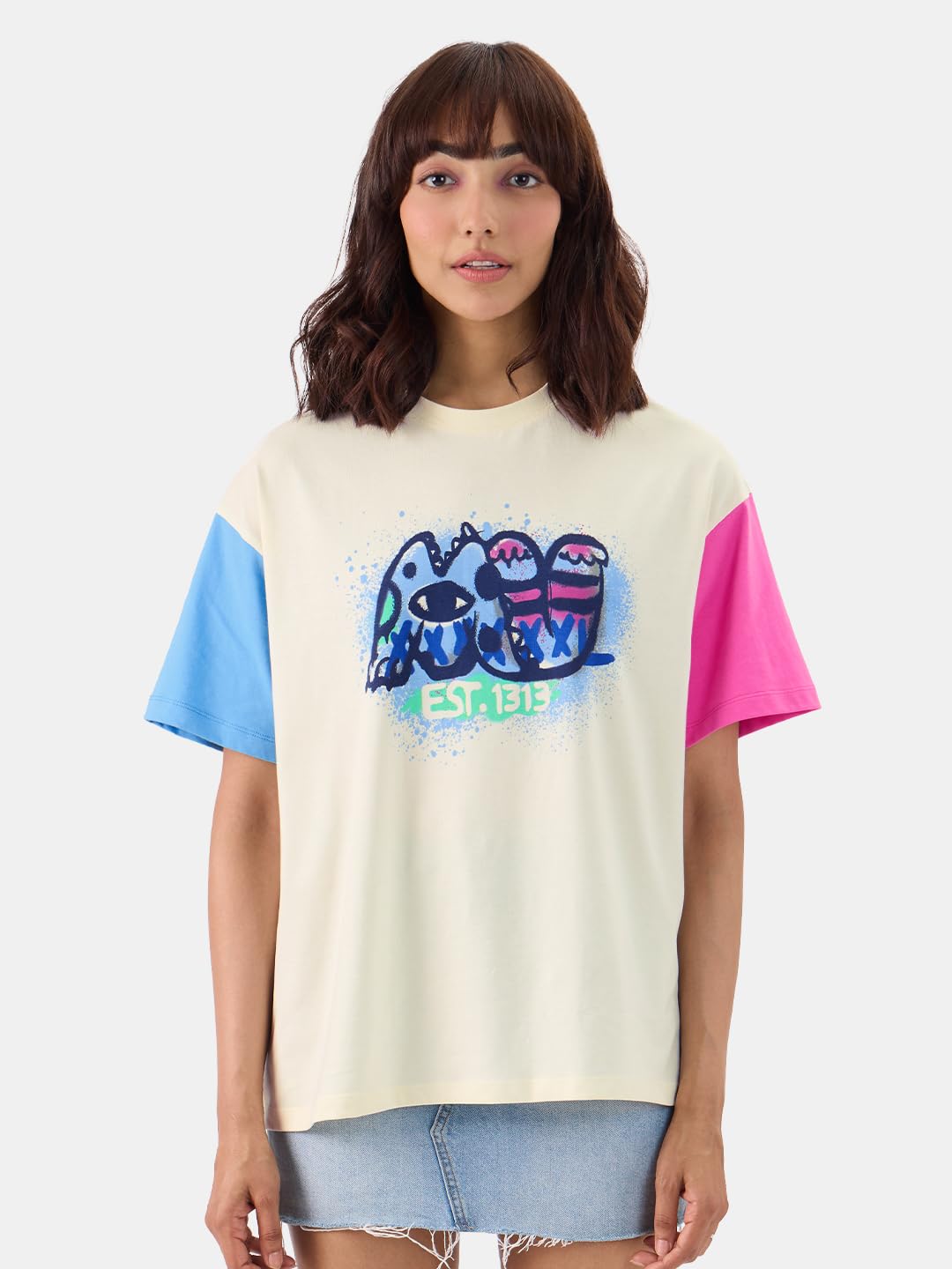 The Souled Store Official Disney: Pixar Monsters Women and Girls Short Sleeve Round Neck Multicolor Graphic Printed Cotton Overs