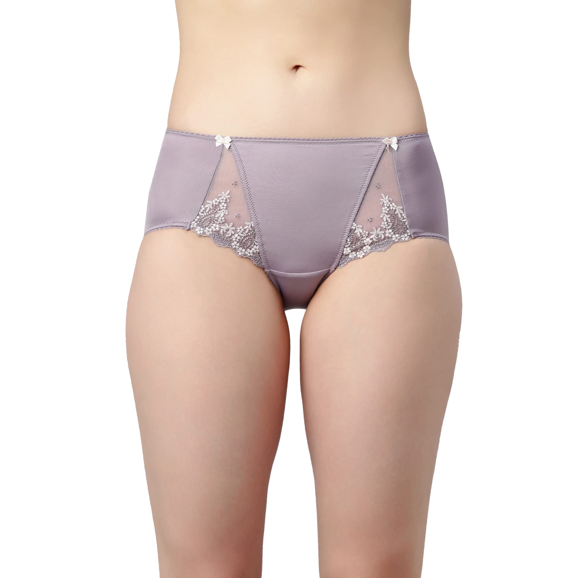 Enamor Womens Mid Waist Full Coverage Hipster Panty with Embroidered Lace Panels and Bows (Pack of 1) - P087(P087-Silver Lilac-