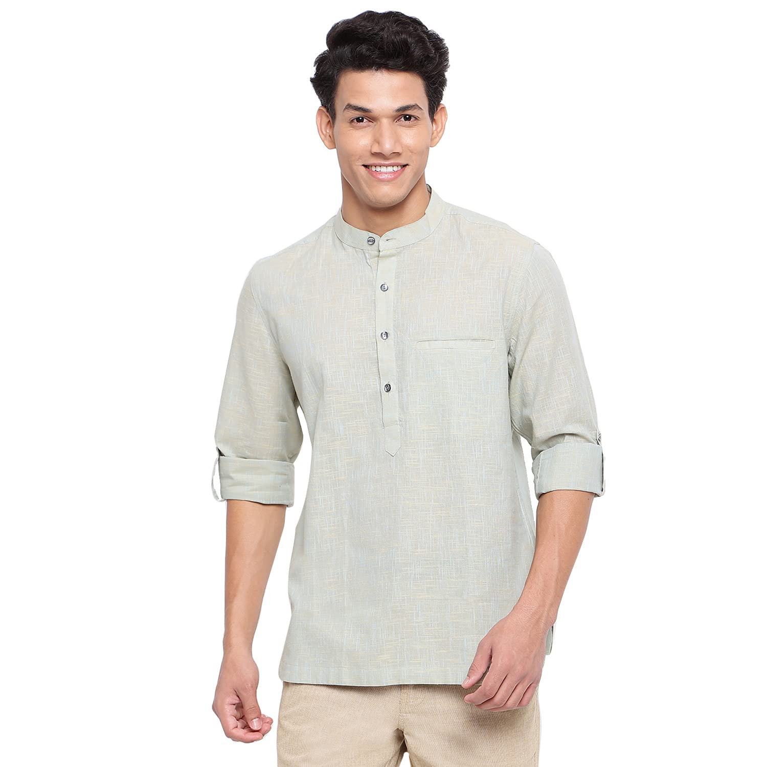 Fabindia Men Chinese Collar Kurta Shirt Cotton_Xxl Green