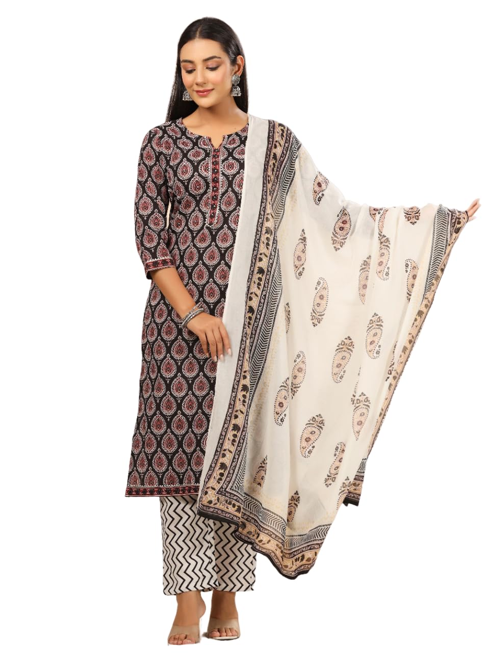 Anubhutee Women'S Pure Cotton Ethnic Motifs Printed Black Kurta Suit Set With Trousers & Dupatta