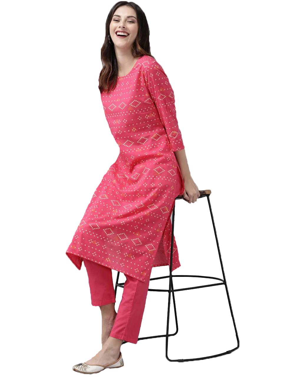 Gosriki Women'S Cotton Blend Straight Printed Kurta With Pant (Excel Pink_S-Go_Pink_Small)