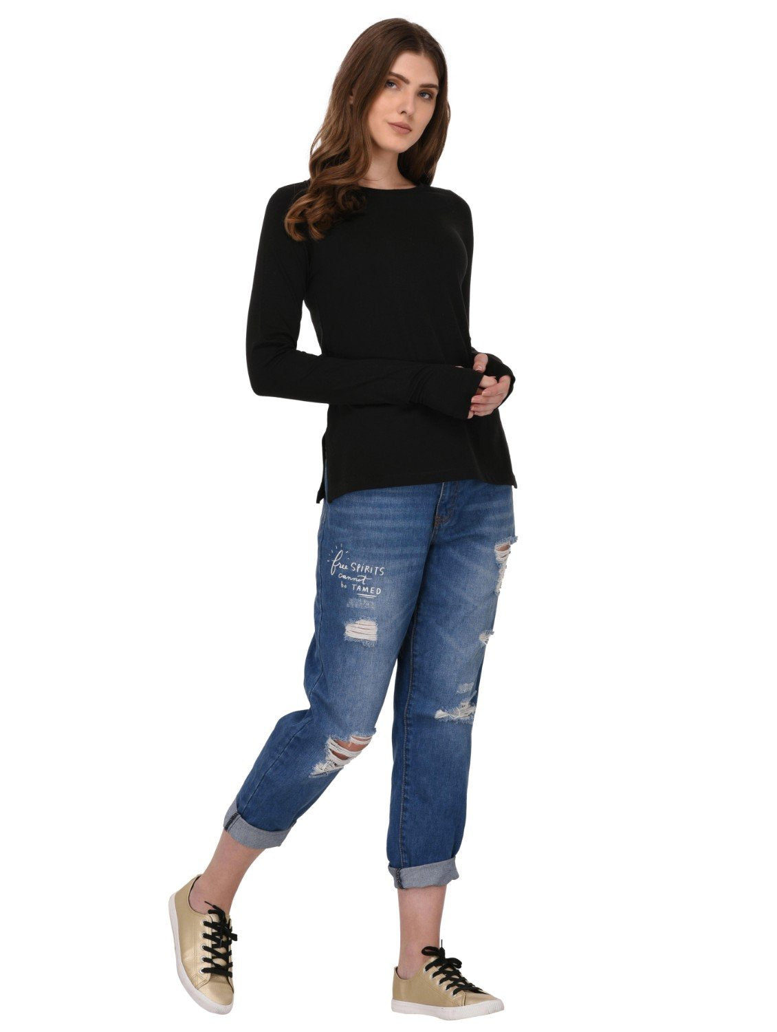 Rigo Full Sleeves Thumbhole Top for Women | Round Neck, Side Slits, Slim Fit Top for Women | Western Tops for Girls | Gym/Sports
