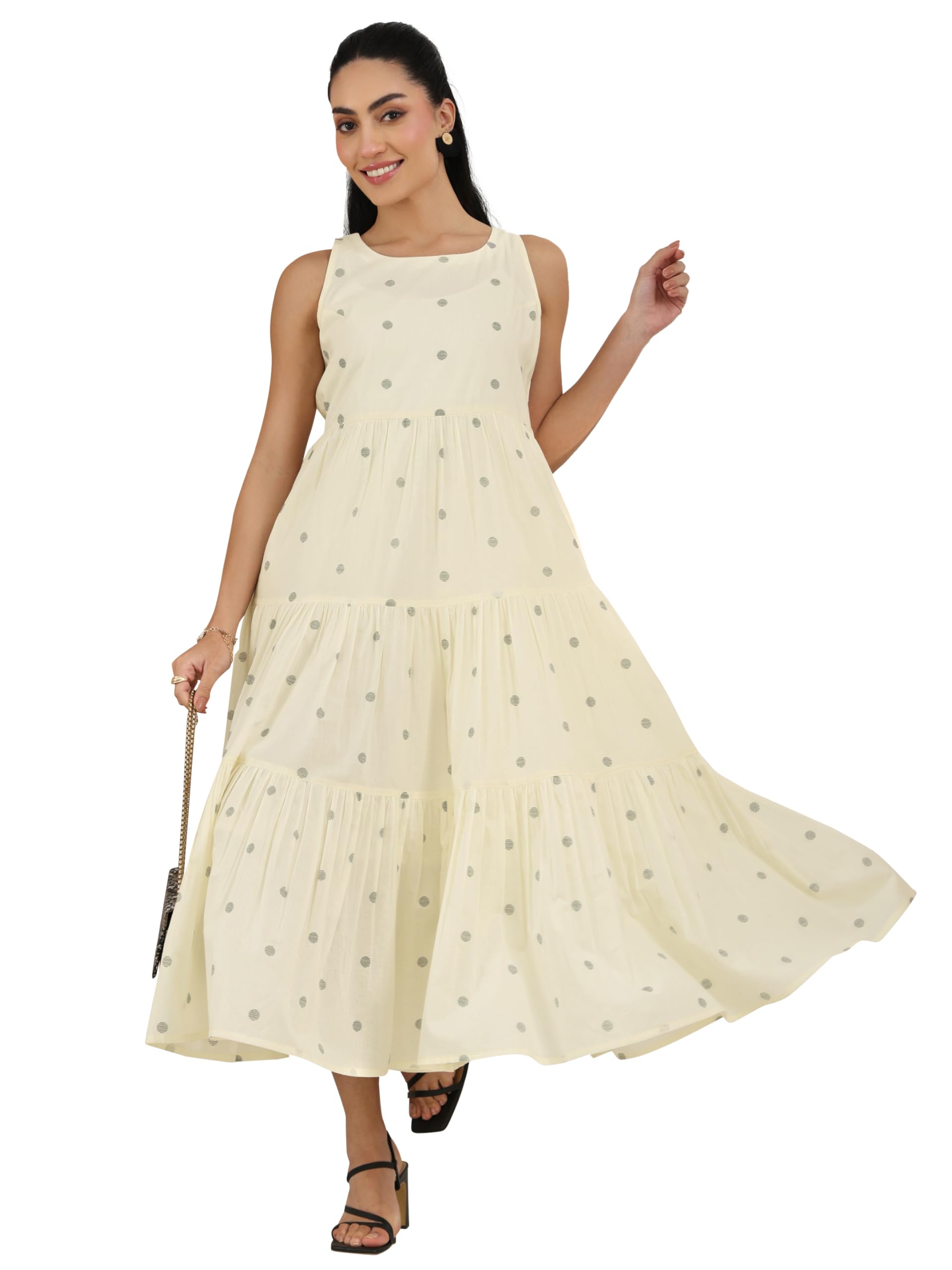 Gerua by Libas Printed Cotton Fit and Flare Dress Off White