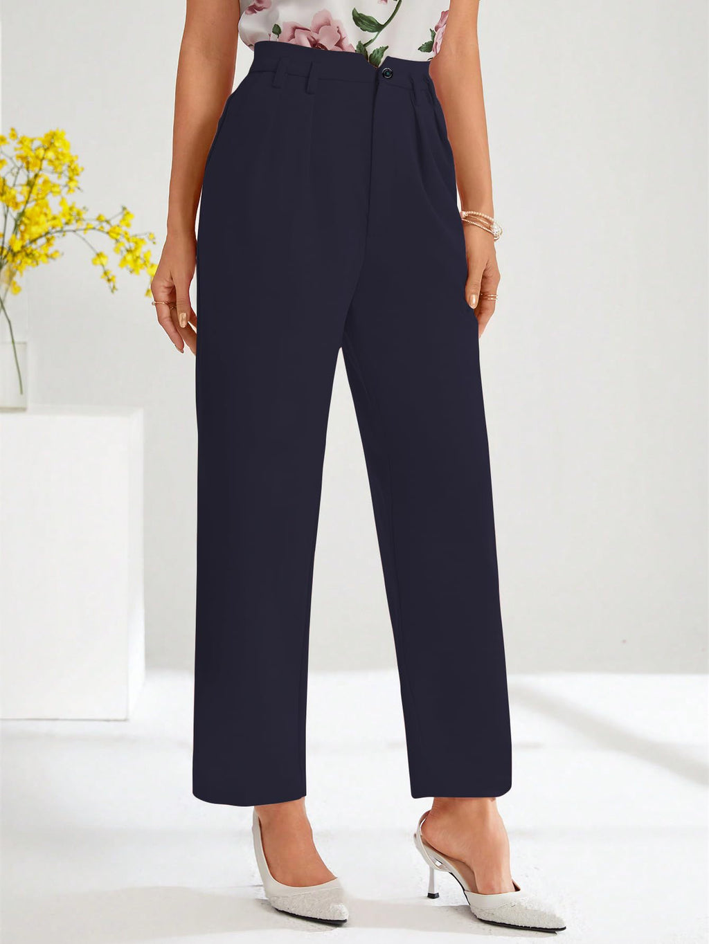 Shasmi Womens Navy Blue High Waist Pleated Straight Leg Trousers  Elegant Solid Color Work Pants with Pockets, Casual Office Wea