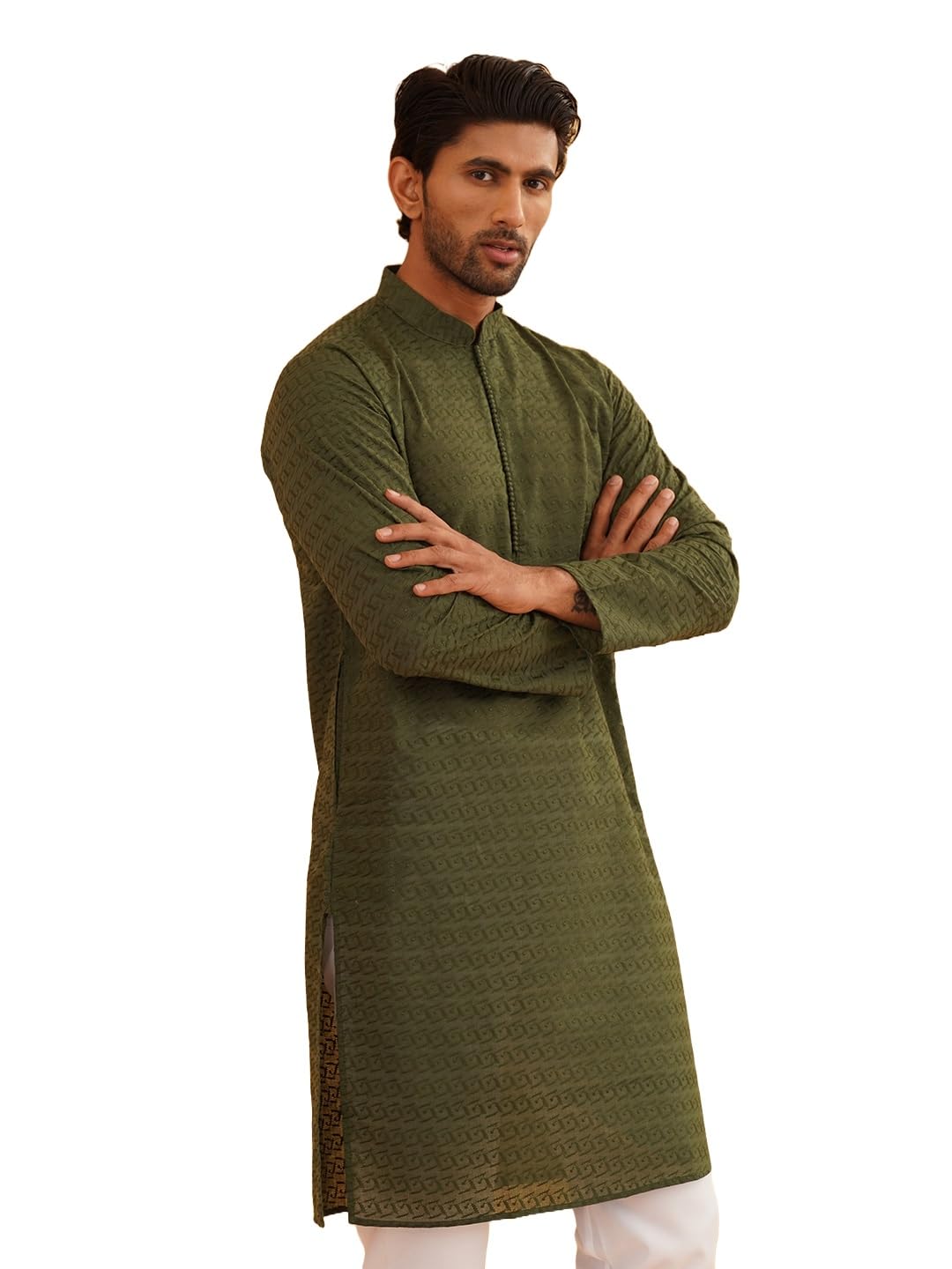 SOJANYA (Since 1958 Ethnic Motifs Embroidered Thread Work Pure Cotton Dark Green Straight Only Kurta