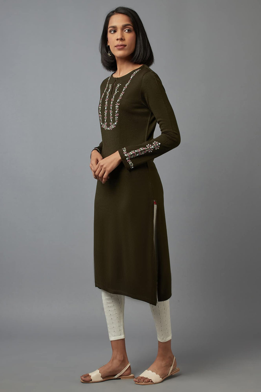 W For Woman Olive Embroidered Kurta