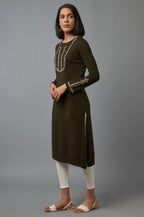 W For Woman Olive Embroidered Kurta