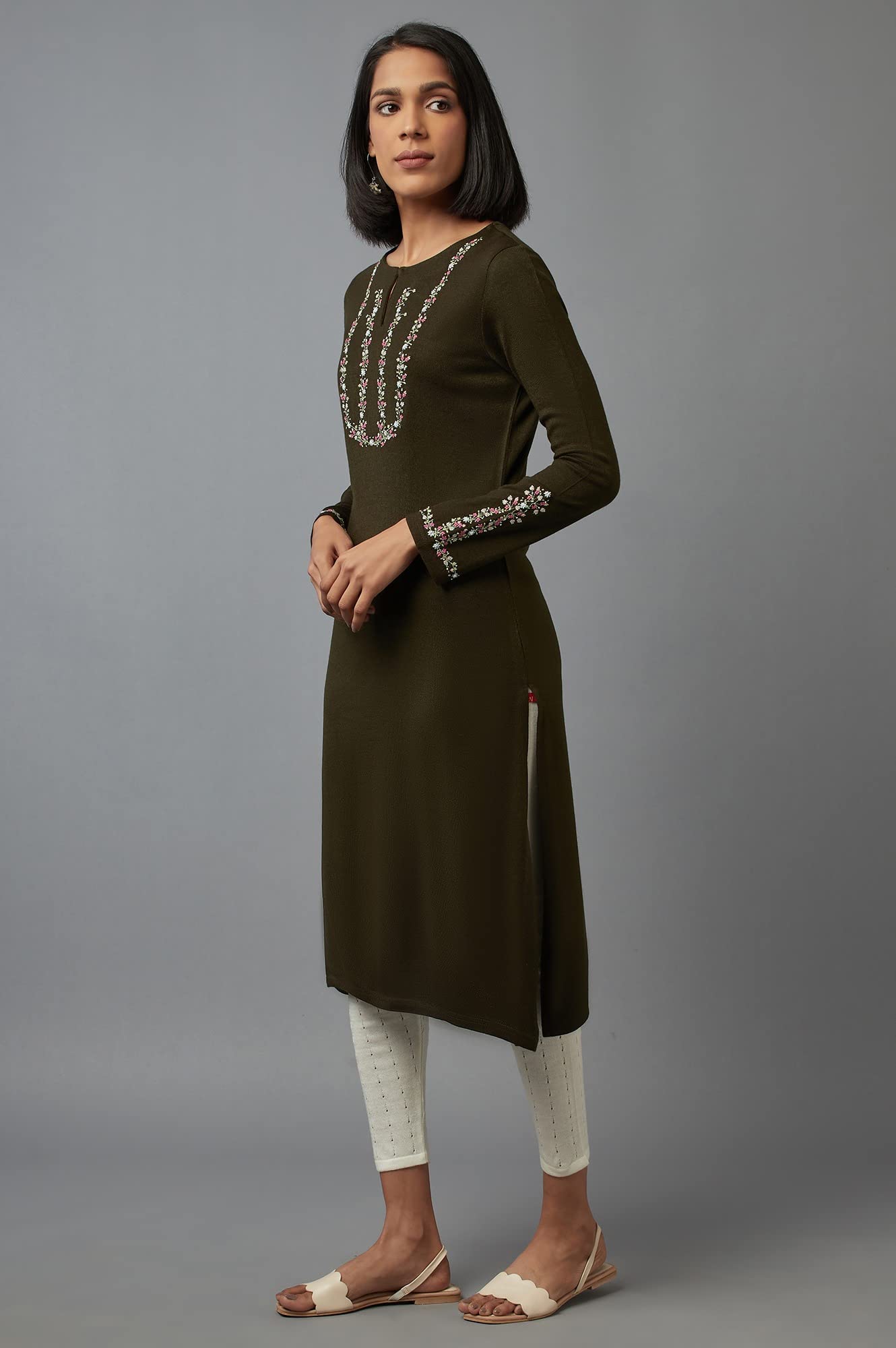 W For Woman Olive Embroidered Kurta