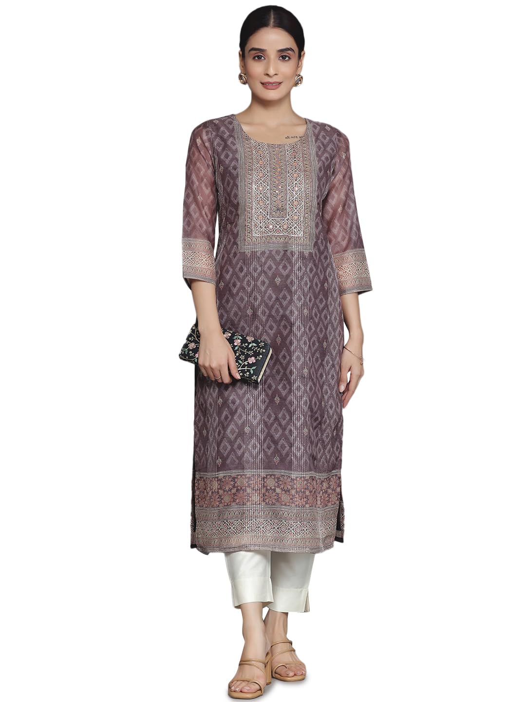 Libas Women'S Chanderi Silk Embellished Straight Kurta (37041_Brown