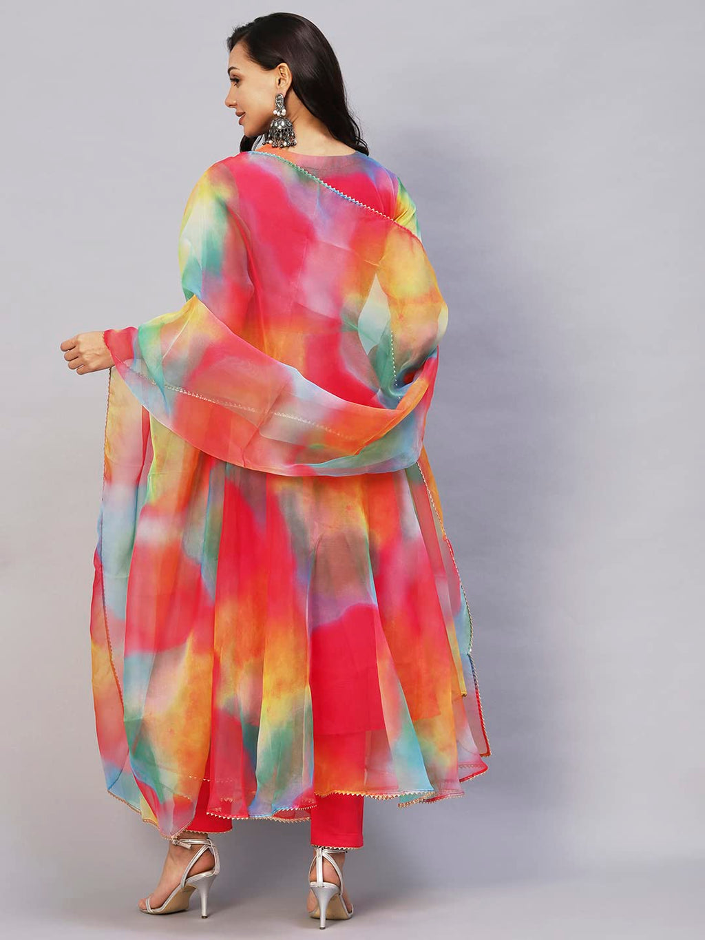 GoSriKi Womens Organza Anarkali Floral Printed Kurta with Pant & Dupatta