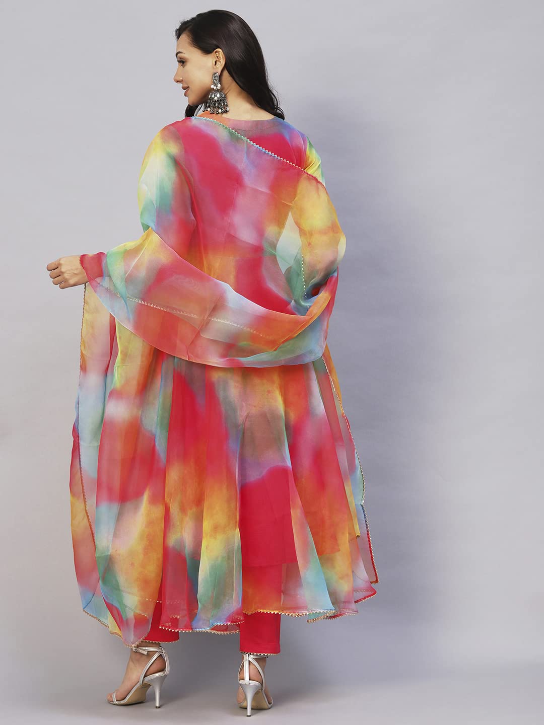 GoSriKi Womens Organza Anarkali Floral Printed Kurta with Pant & Dupatta