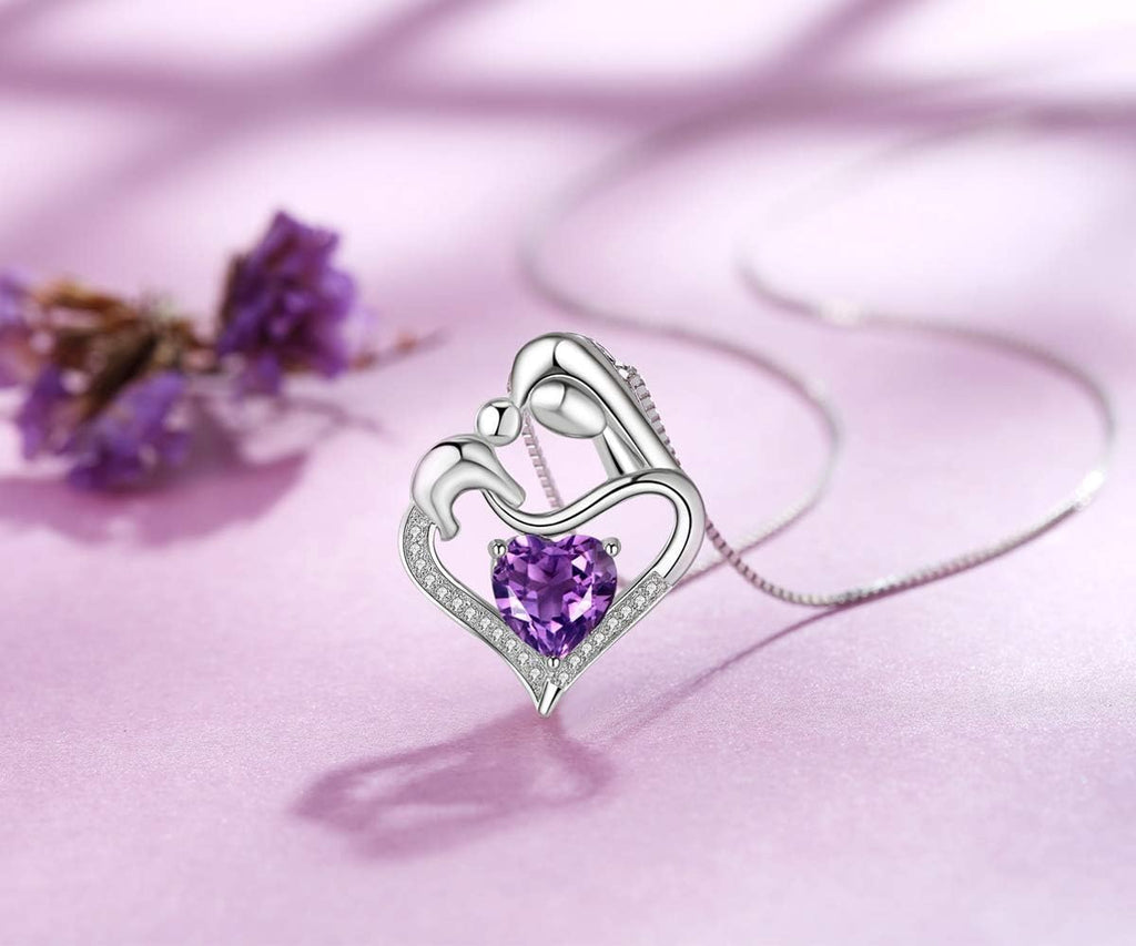 ABBGIABBW 925 Sterling Silver Purple Birthstone Mother Daughter Love Heart Pendant Necklace Mother Daughter Jewelry Christmas fo