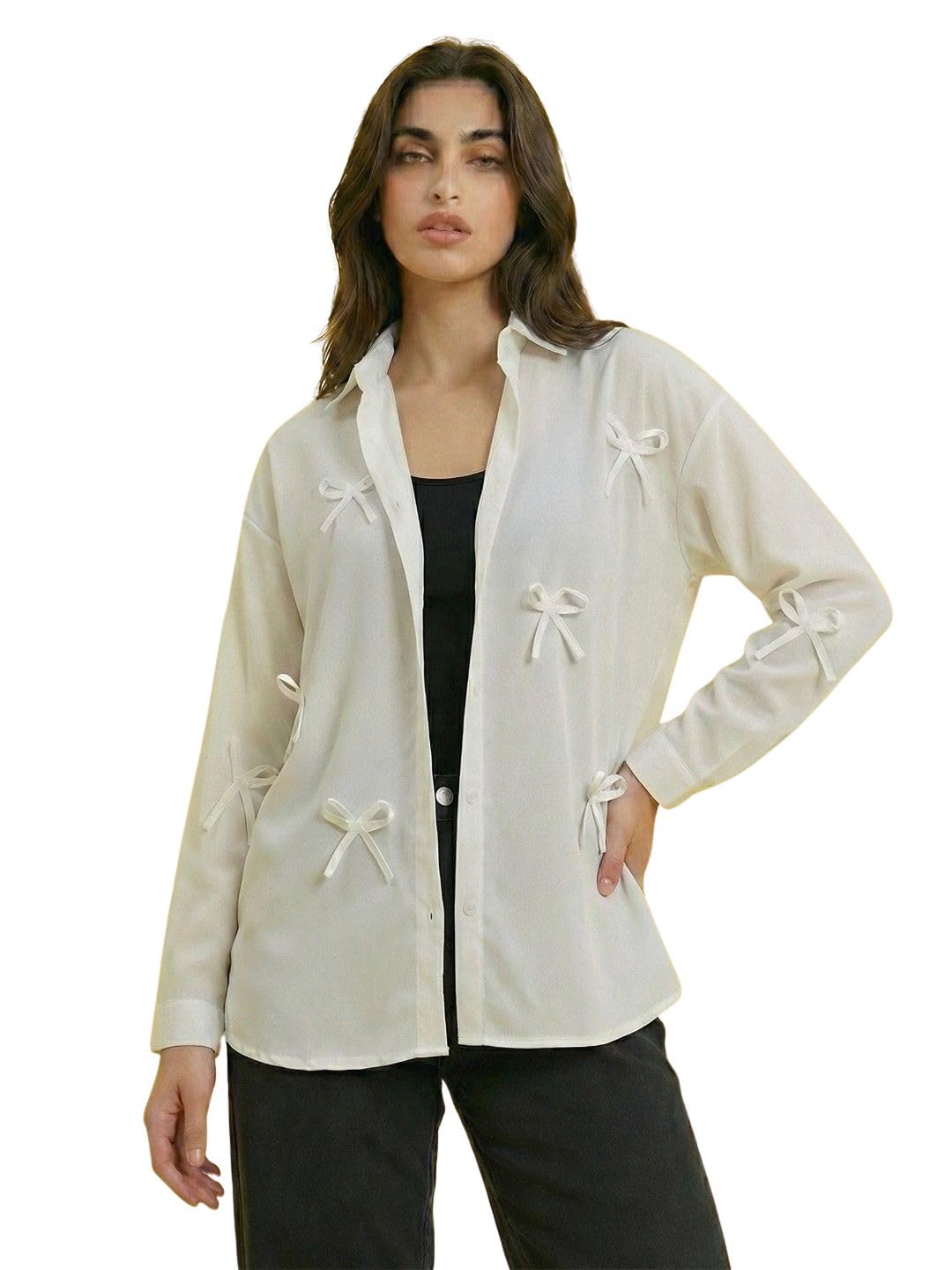 Buynewtrend Georgette Bow Detail ButtonDown Oversized Fit Women Shirt (M, White)