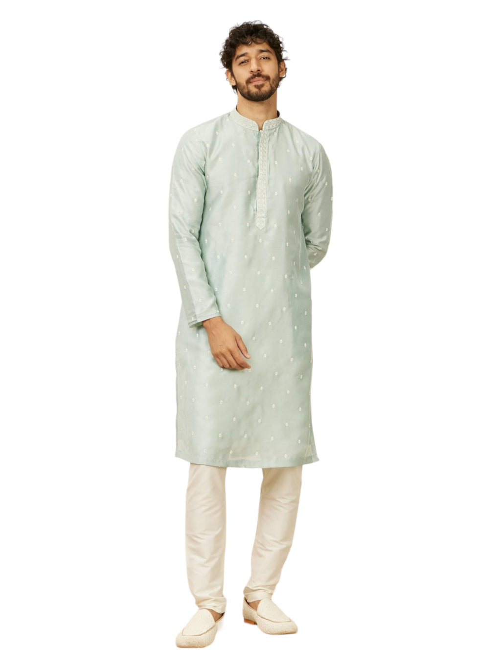 Manyavar Light Blue Art Silk Embroidery|Stone Work Kurta Pyjama Set For Men