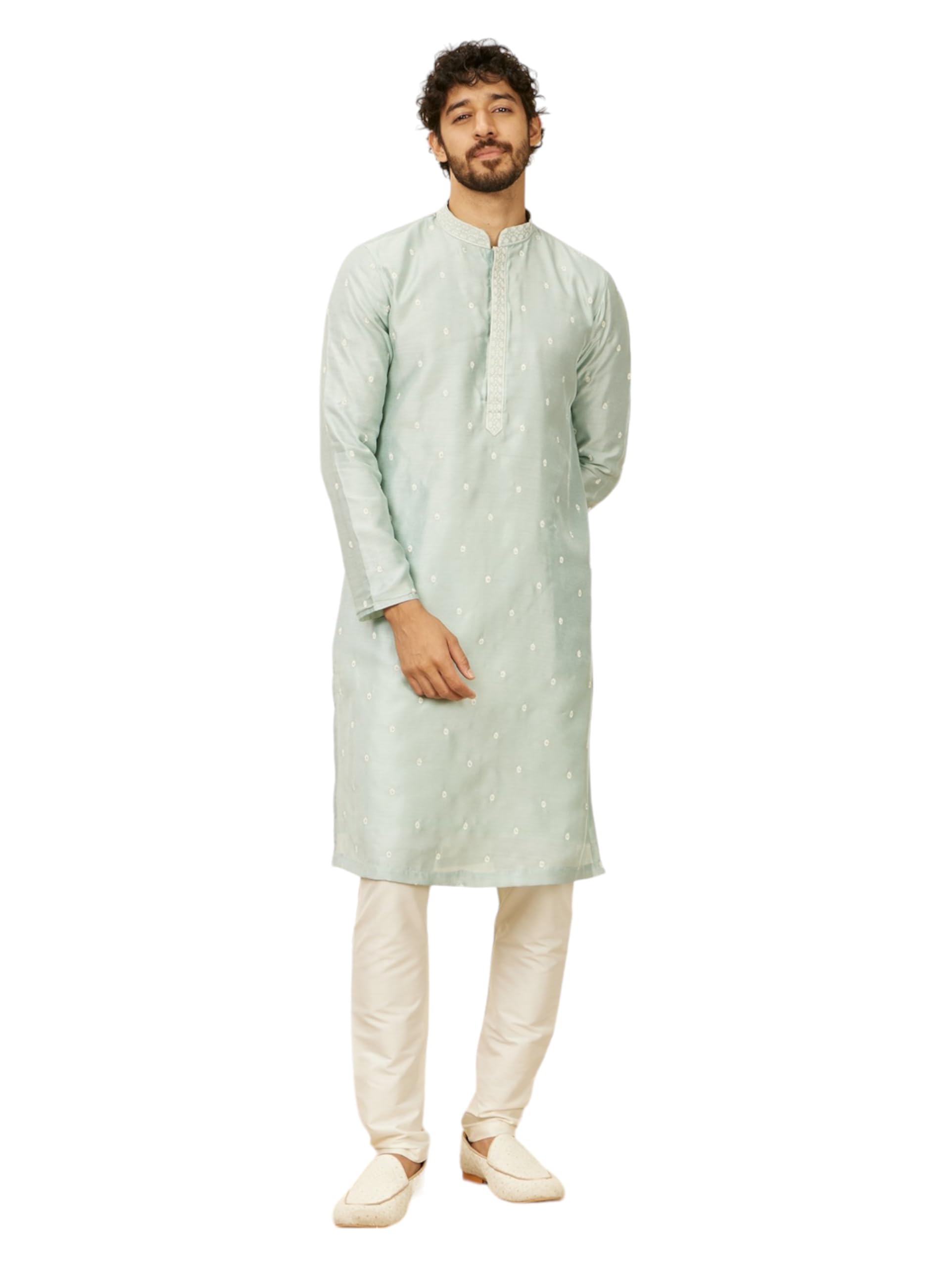 Manyavar Light Blue Art Silk Embroidery|Stone Work Kurta Pyjama Set For Men