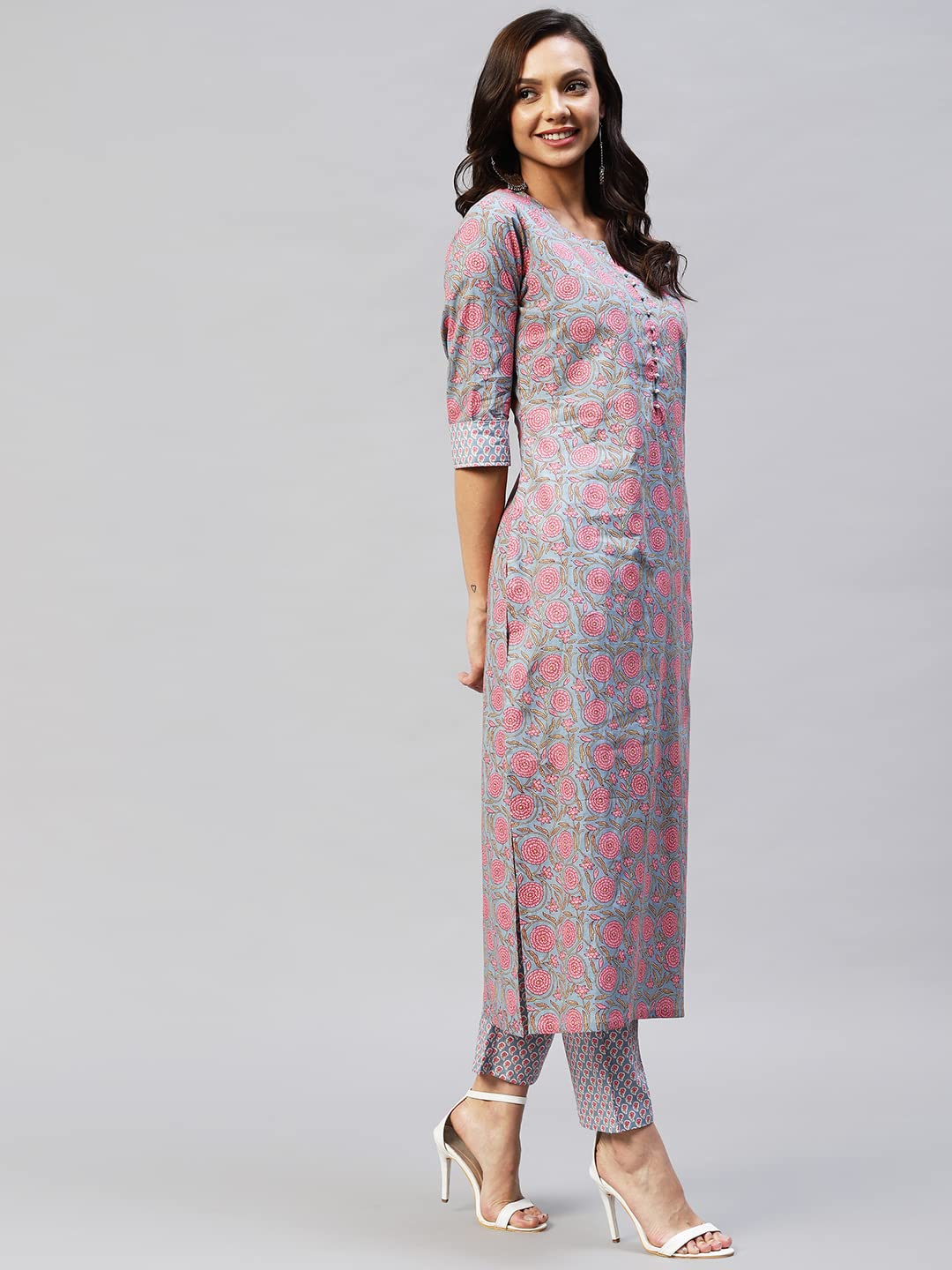 ANNI DESIGNER Womens Cotton Blend Straight Printed Kurta with Palazzo (Lochna Grey_M_ Grey_Medium)