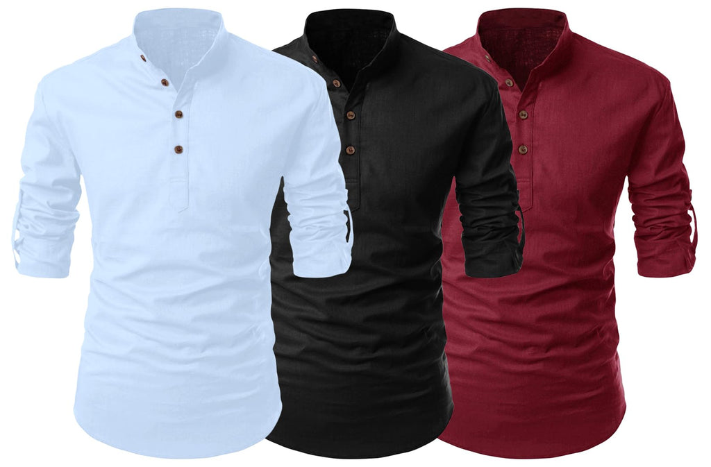 Finivo Fashion Combo Of MenS Cotton Blend Solid Full Sleeve Short Kurta