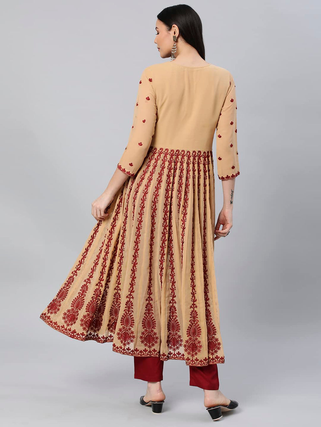 ANNI DESIGNER Womens Georgette Chikankari Embroidered Anarkali Kurti (Kari Beige_L_Beige_Large)