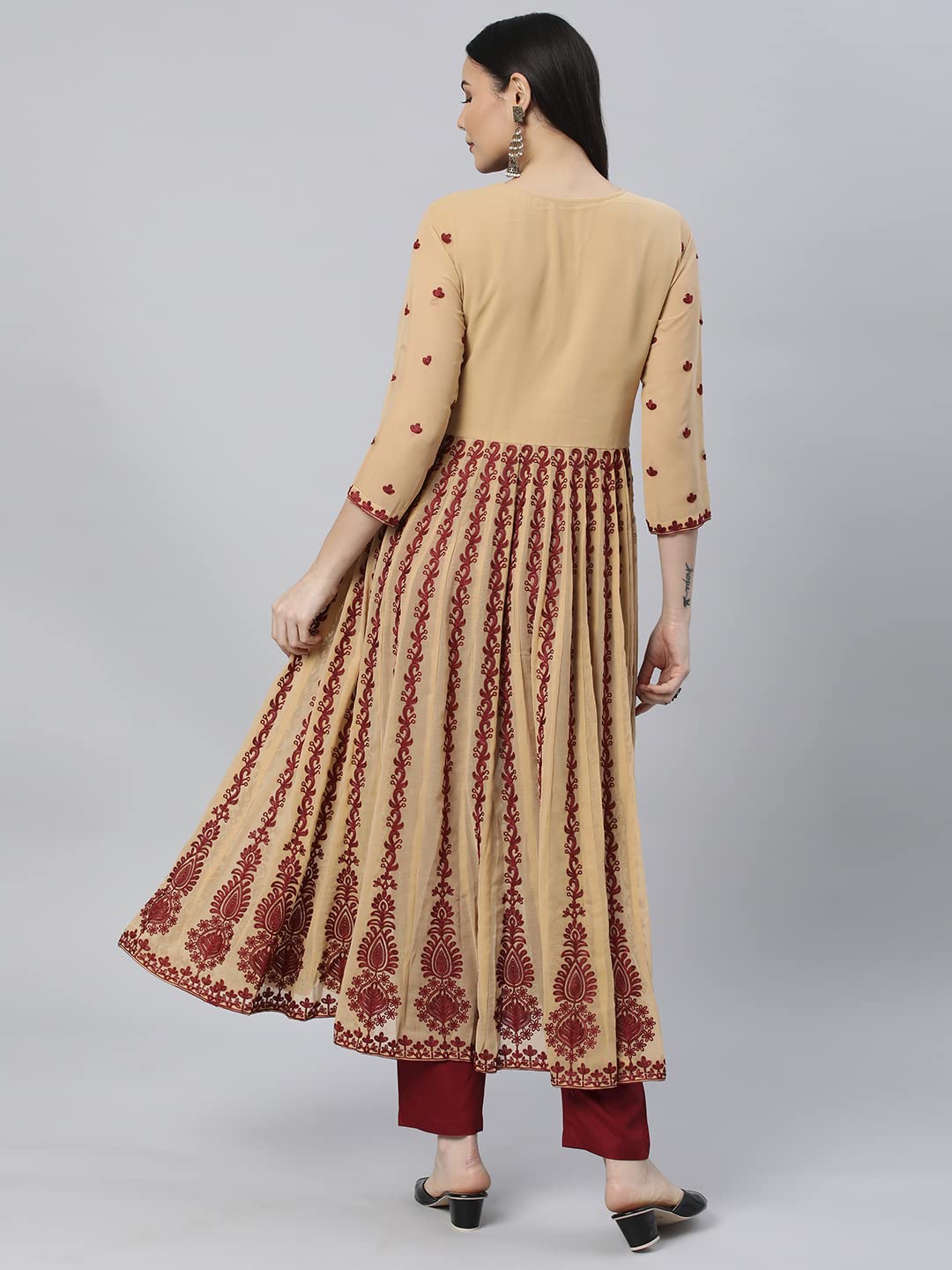 ANNI DESIGNER Womens Georgette Chikankari Embroidered Anarkali Kurti (Kari Beige_L_Beige_Large)