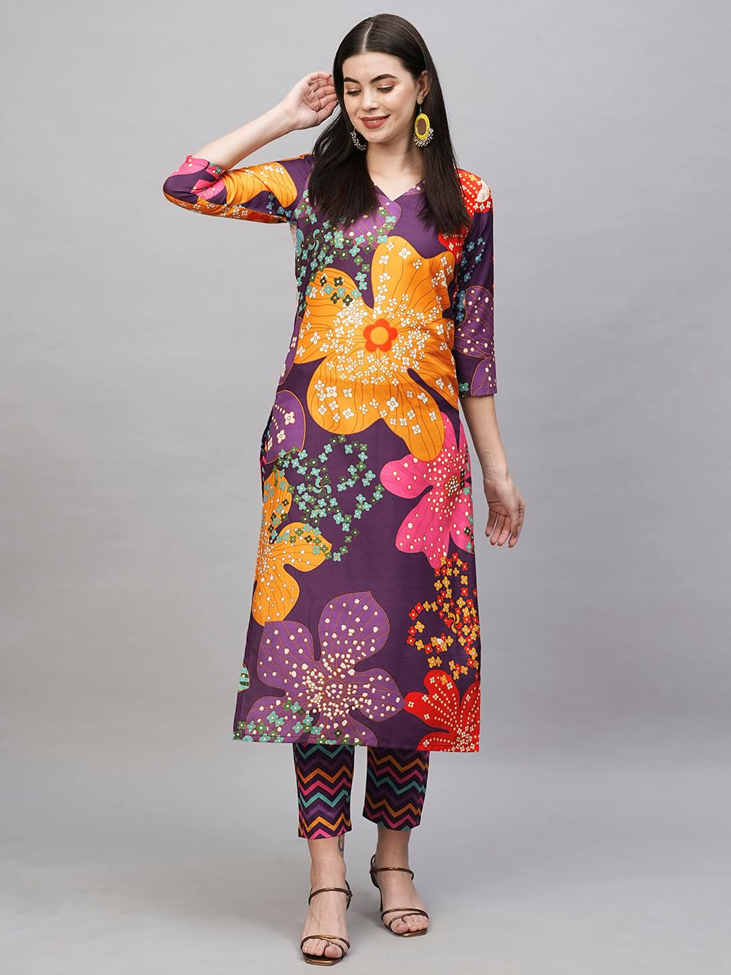 ANNI DESIGNER Ladies Cotton Blend Kurta with Trousers, purple, L