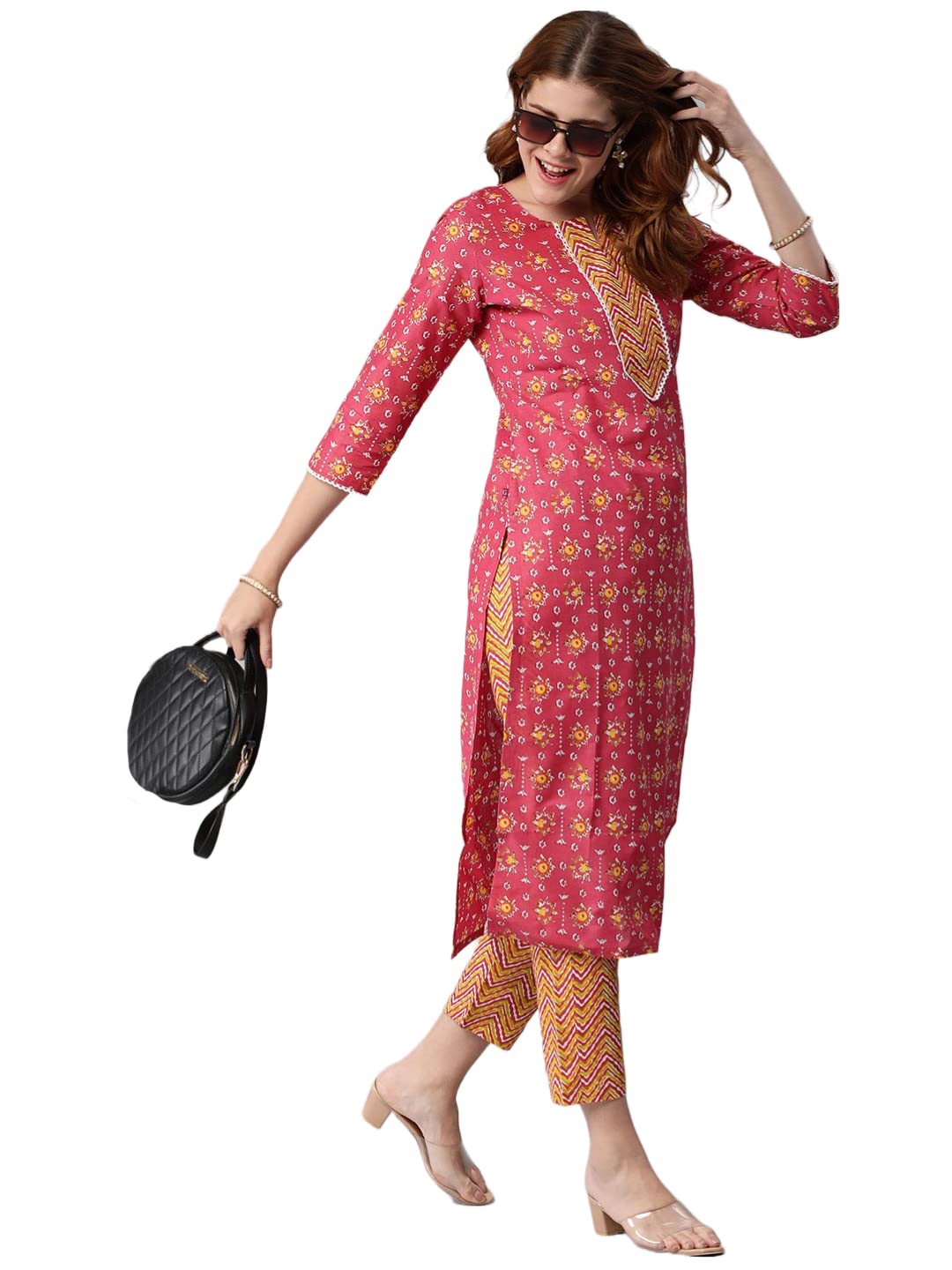 ANNI DESIGNER Women's Cotton Blend Traditional Straight Printed Kurta with Pant (Mikaa Pink-Nw5_4XL_Pink_XXXX-Large)