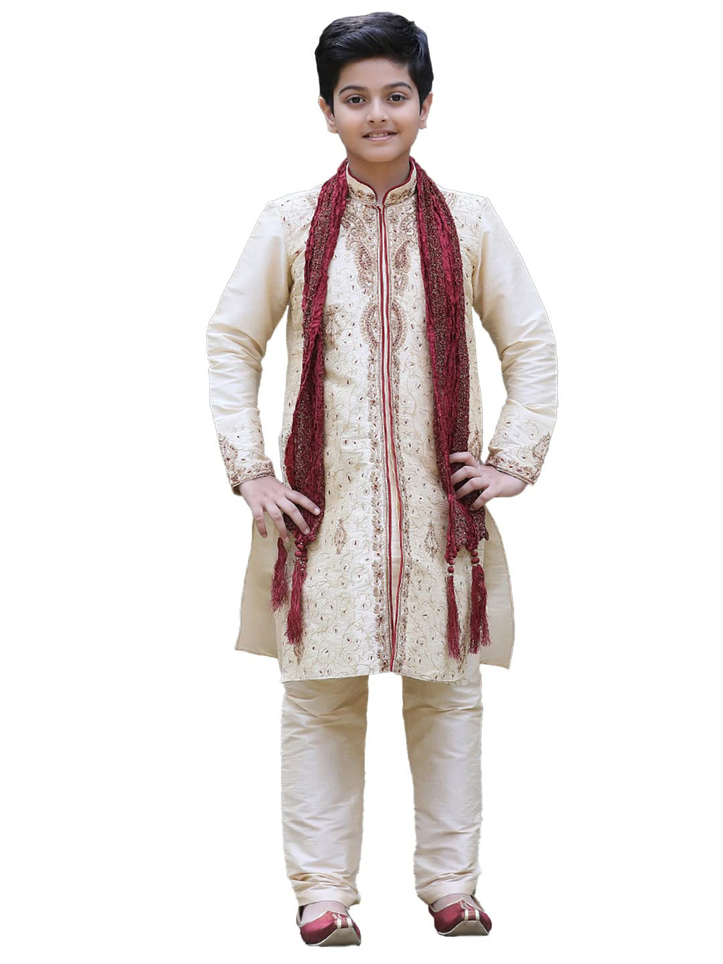 Manyavar Blended Silk Full Sleeve Zari And Stone Kurta Pajama Set For Kids And Boys(8-10 Years)