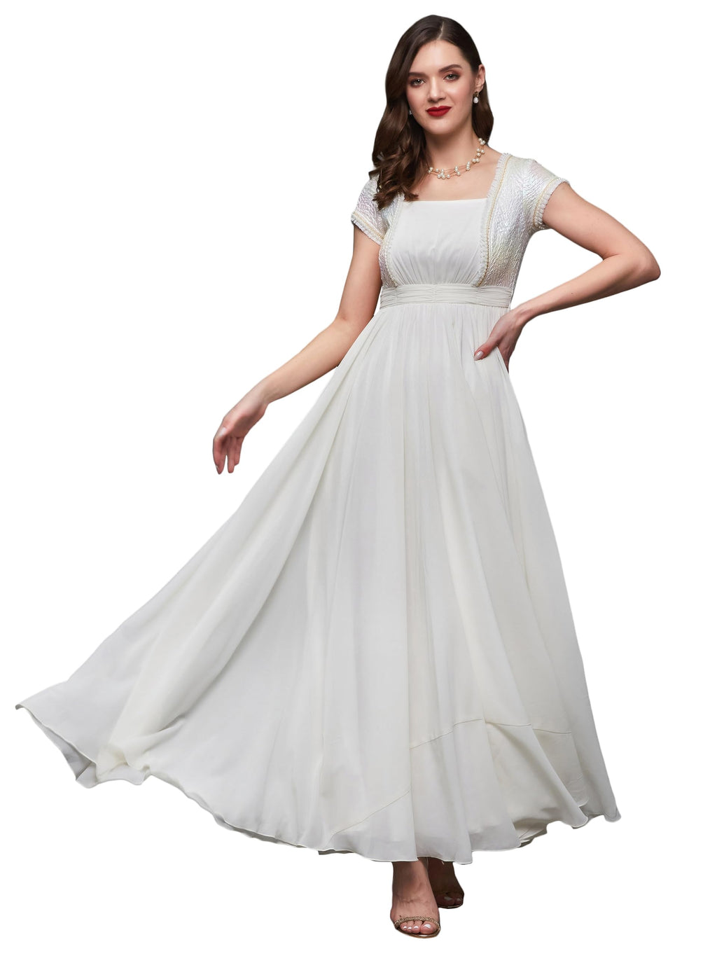 Miss Chase WomenS Square Neck Self Designed Maxi Dress (Mcss23D06-68-114-05, Off White, L)