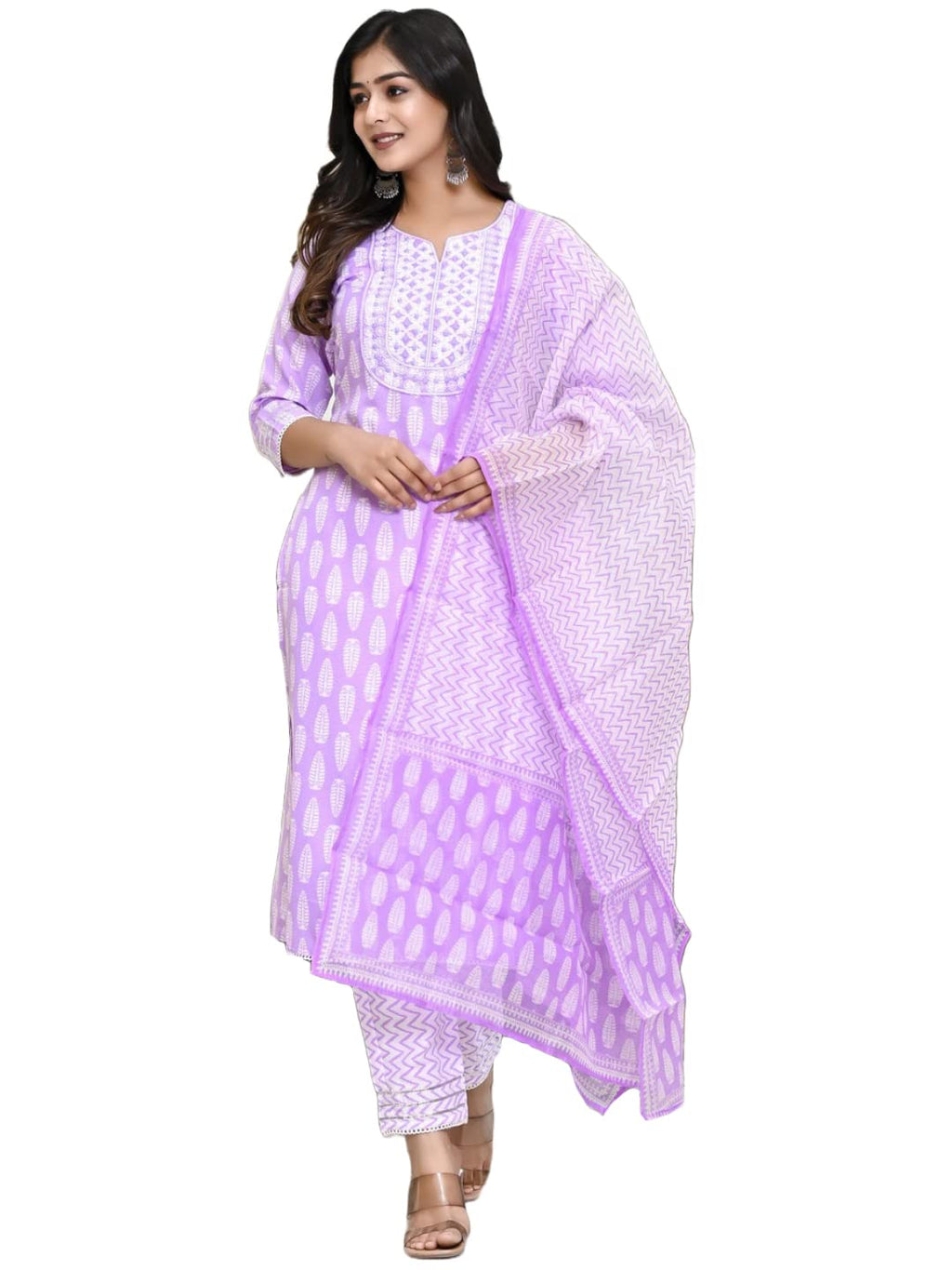 ANNI DESIGNER Womens Cotton Blend Straight Printed Kurta with Pant & Dupatta (Baiyaan Purple-CMD_L_Purple_Large)