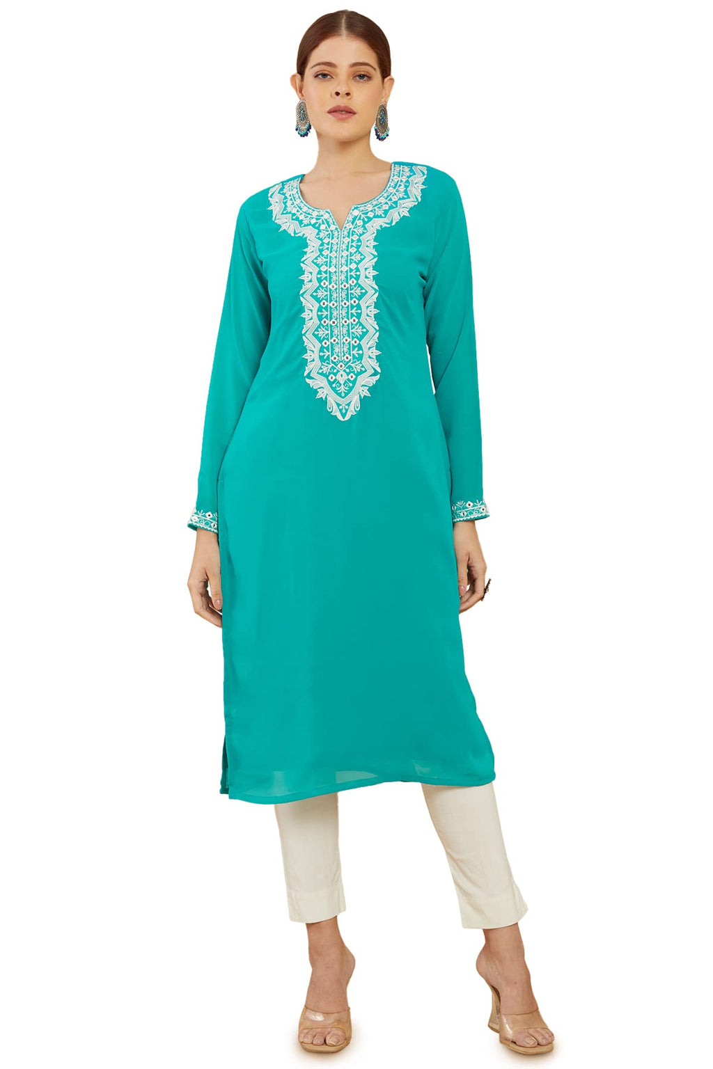 Soch Women Turquoise Georgette Embroidered Kurti