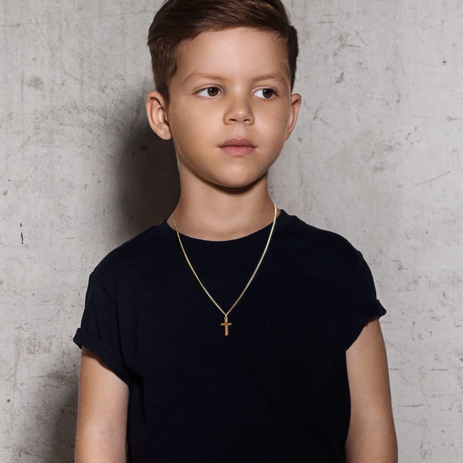 Joxevyia Small Cross Necklace for Boy 14K Gold Filled Stainless Steel Cross Pendant with Cuban Chain Necklace Simple Faith Jewel