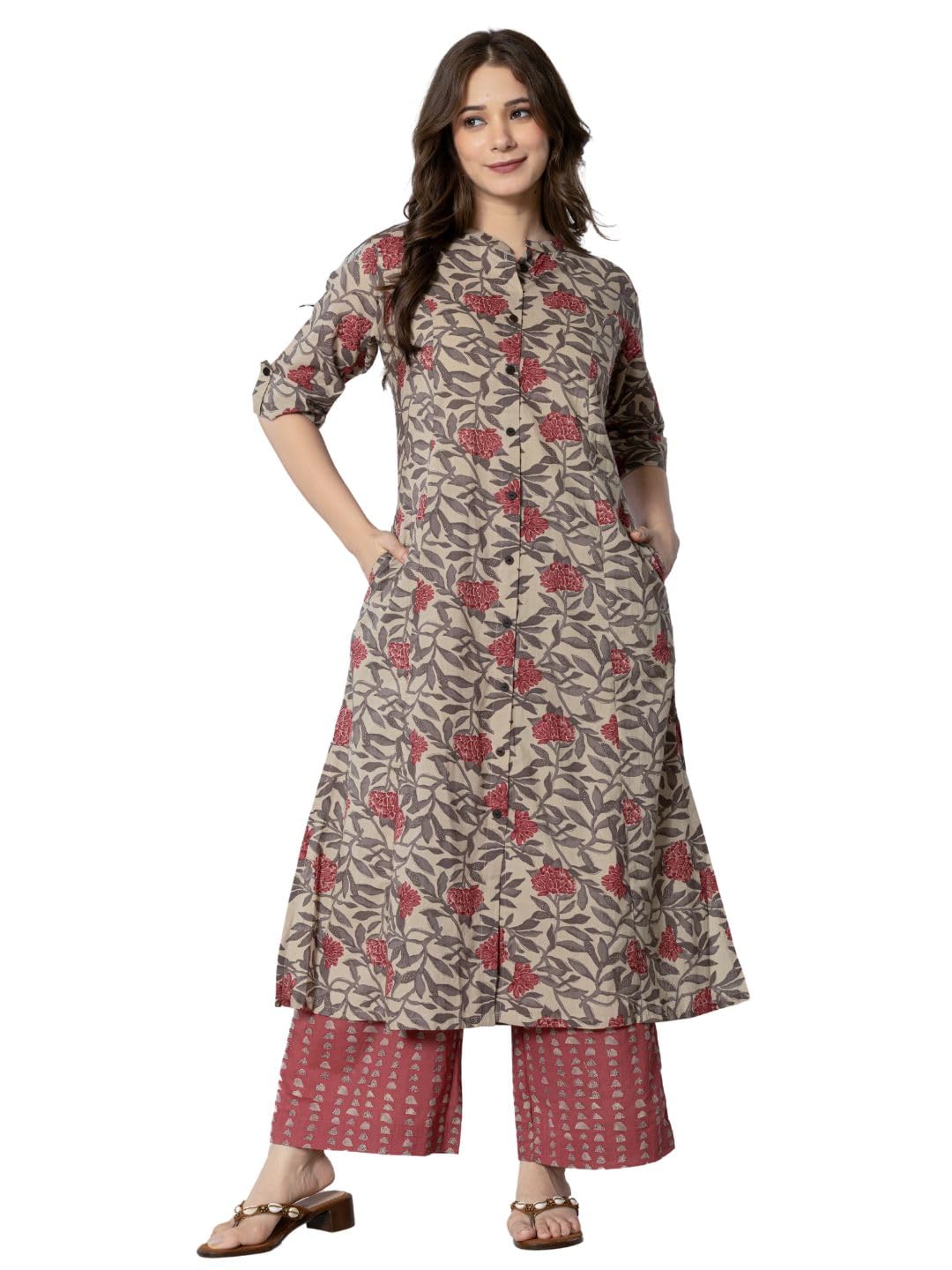 rytras Womens Cotton Printed A-Line Kurta with Palazzo Pant Set(Maroon,RYT583,M)