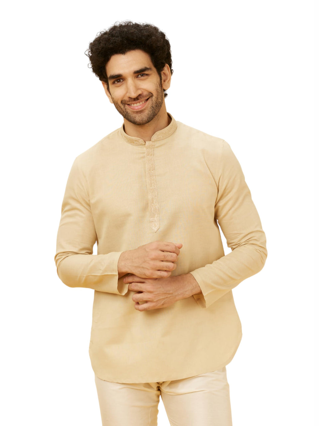Manyavar Mens Beige Blended Linen Short Kurta