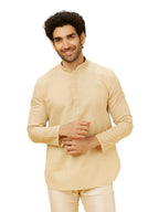 Manyavar Mens Beige Blended Linen Short Kurta