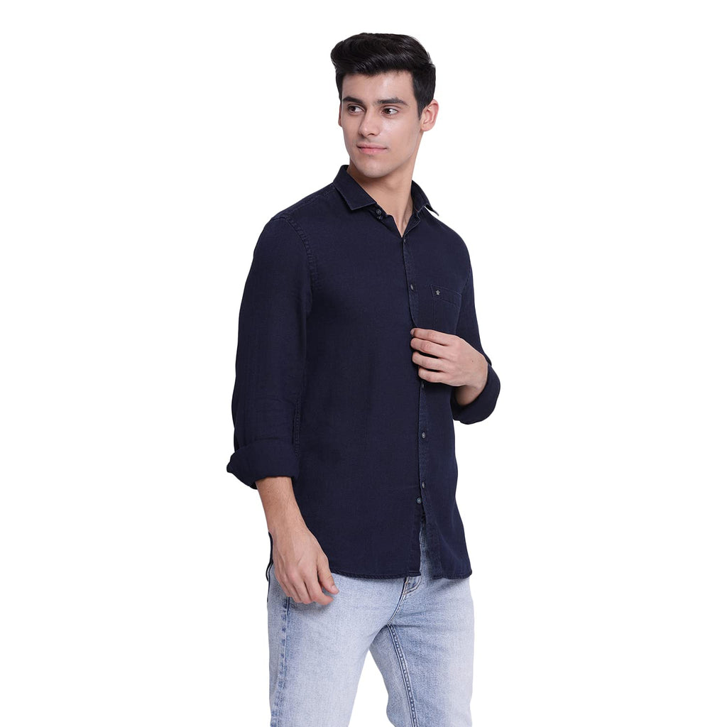 Turtle Men 100% Cotton Indigo Dark Blue Dobby Slim Fit Full Sleeve Casual Shirt