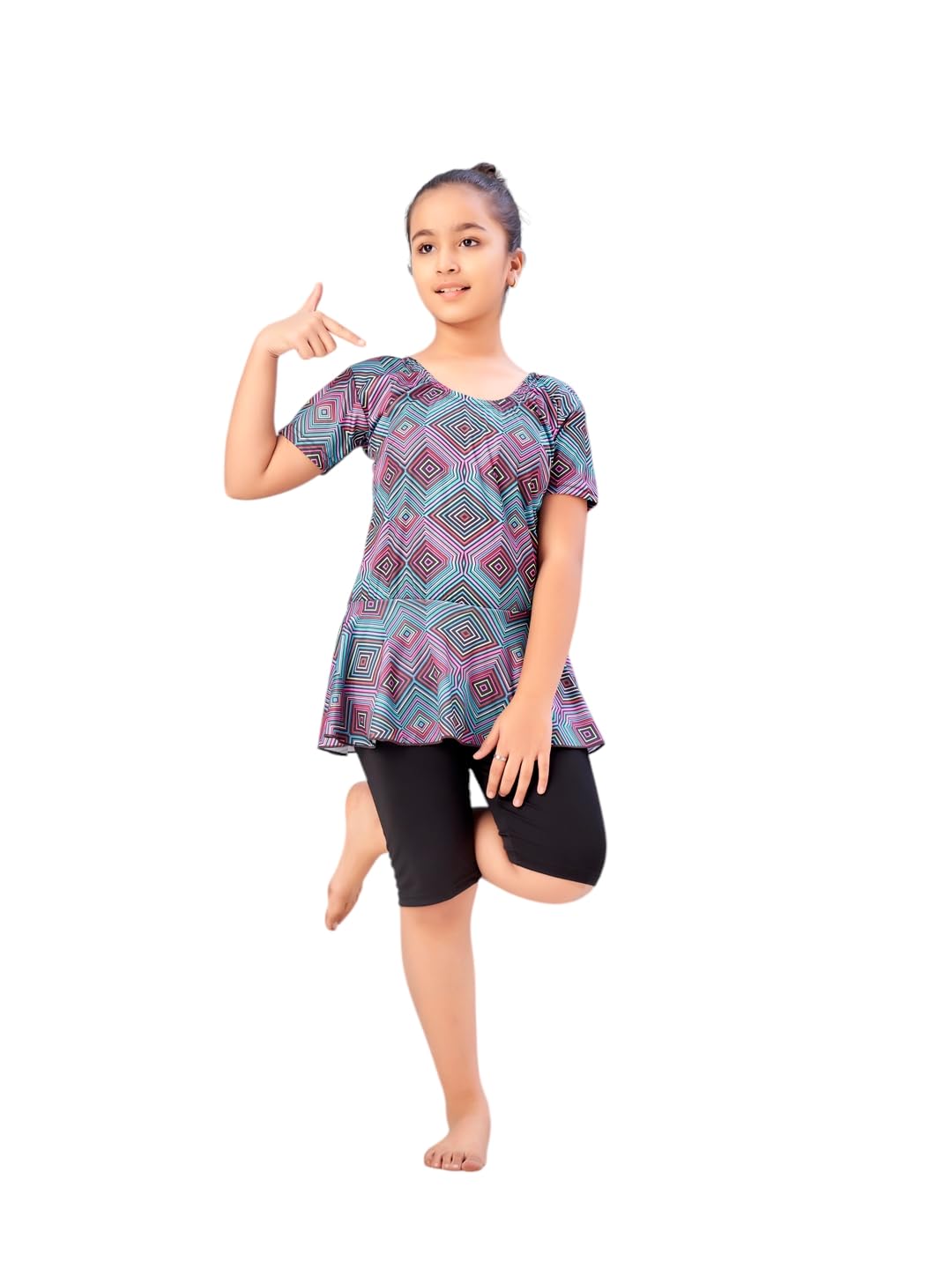 Aarika Girls Sports Wear Green-Black Colour Abstract Print Nylon Swim Suit (5-15 Years)-(SW-SHM-CA-1119)